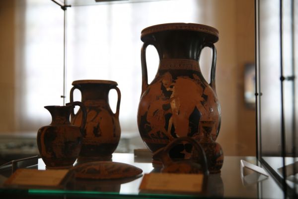 Attic red-figure vases: two Pelike and pyxis lid, late 5th-mid 4th century BC. –  Archaeological Section, Torcello Museum, Venice
